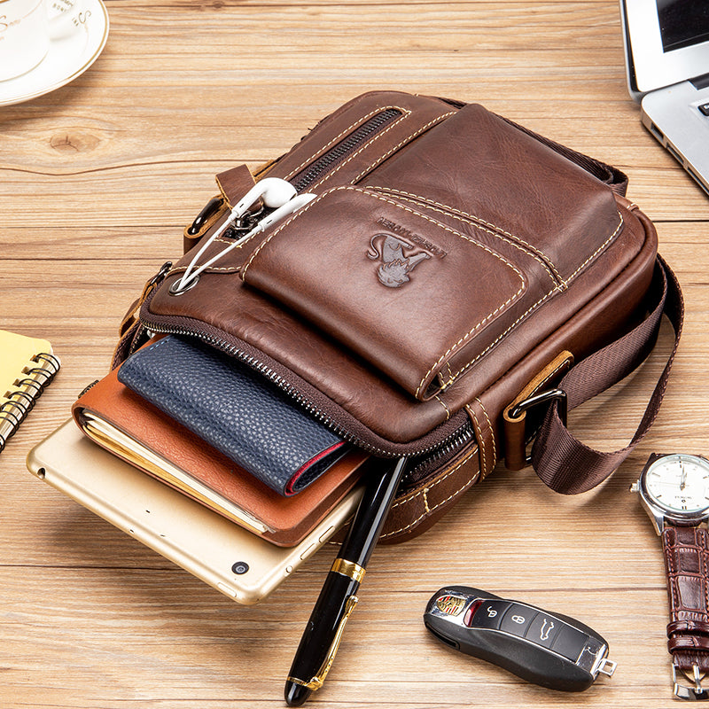 Men's Small Leather Shoulder Bag Messenger Pack Crossbody Travel Bag Brown