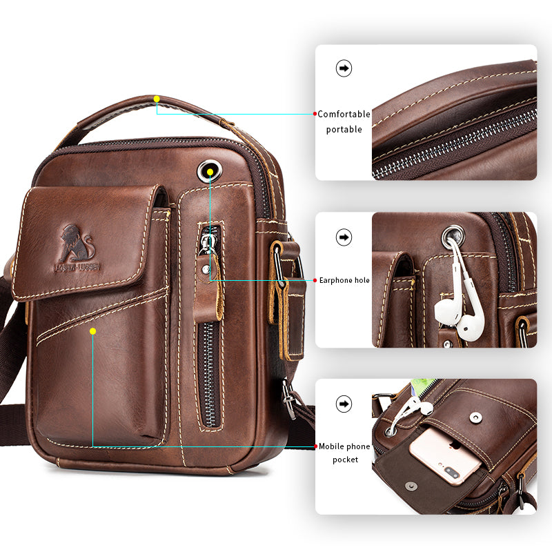 Men's Small Leather Shoulder Bag Messenger Pack Crossbody Travel Bag Deep Brown