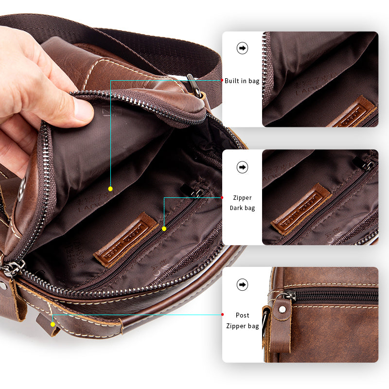 Men's Small Leather Shoulder Bag Messenger Pack Crossbody Travel Bag Deep Brown