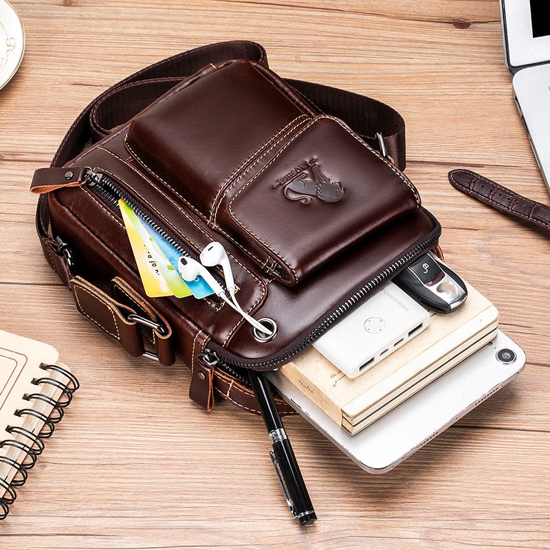 Men's Small Leather Shoulder Bag Messenger Pack Crossbody Travel Bag Deep Brown