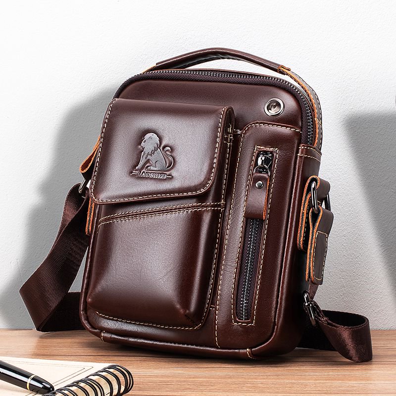Men's Small Leather Shoulder Bag Messenger Pack Crossbody Travel Bag Deep Brown