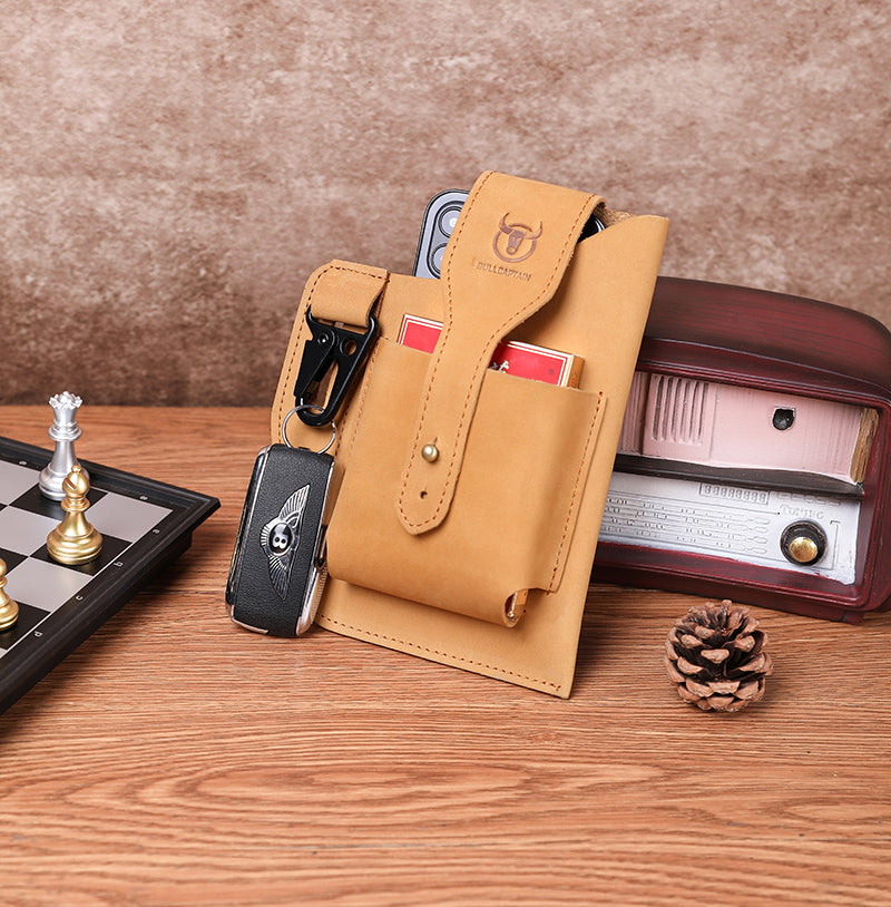 Men's Vintage Leather Belt Bag Cell Phone Purse Waist Bag Yellow