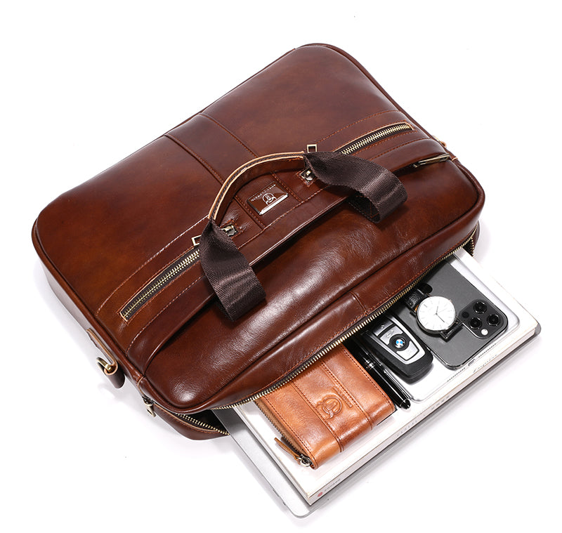 Mens 15 Inch Leather Laptop Messenger Bags Best Business Travel Briefcases Brown