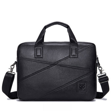Men's Briefcase Bag Genuine Leather 14 inch Shoulder Laptop Crossbody Bag Black