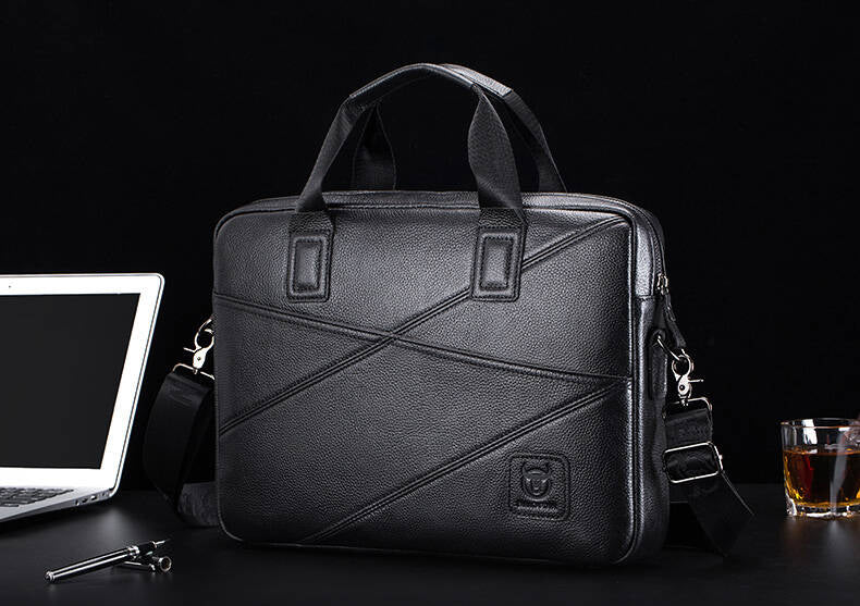 Men's Briefcase Bag Genuine Leather 14 inch Shoulder Laptop Crossbody Bag Black