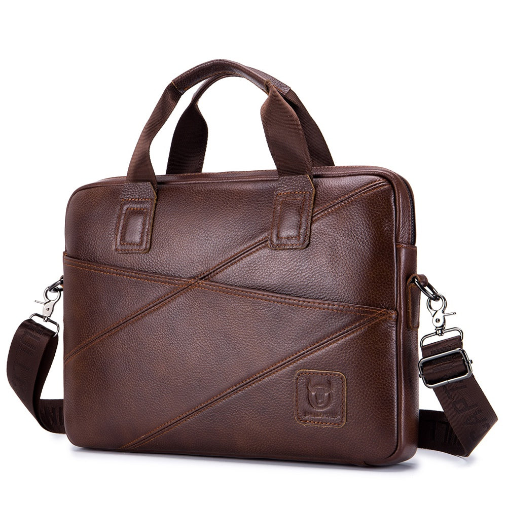 Mens Briefcase Bag Genuine Leather 14 inch Shoulder Laptop Crossbody Bag Brown