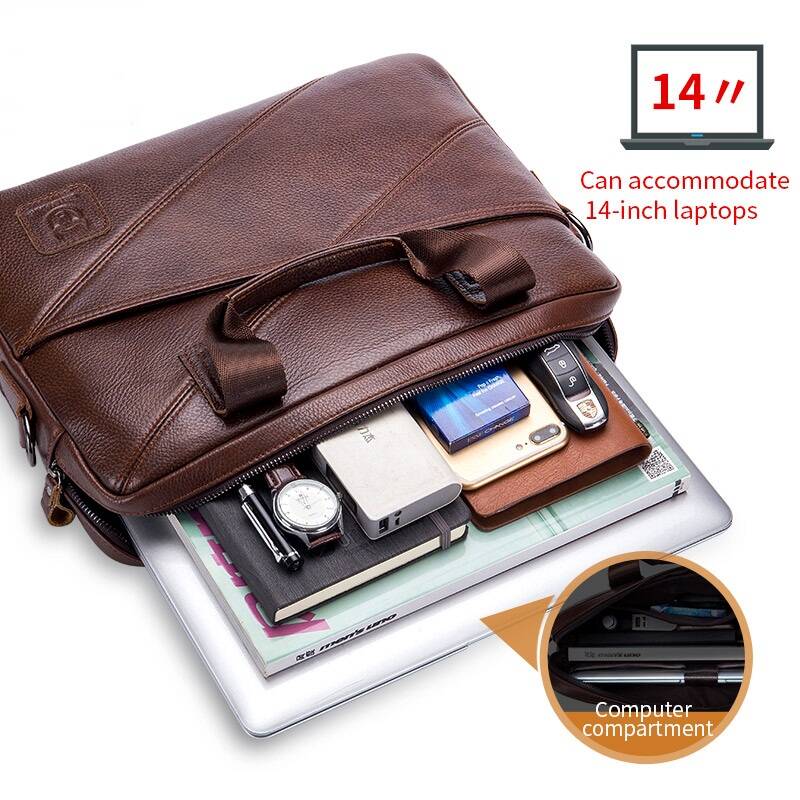 Mens Briefcase Bag Genuine Leather 14 inch Shoulder Laptop Crossbody Bag Brown