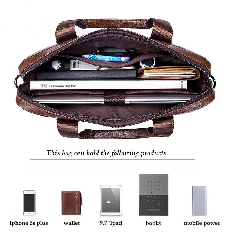 Mens Briefcase Bag Genuine Leather 14 inch Shoulder Laptop Crossbody Bag Brown