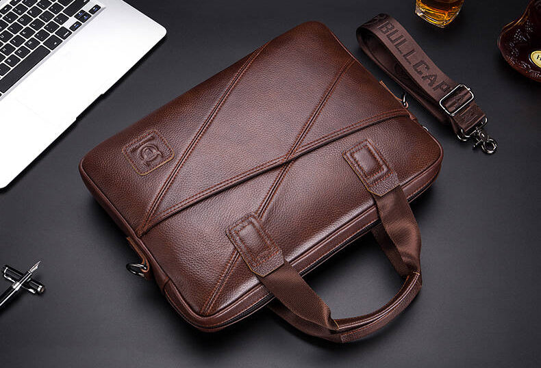 Mens Briefcase Bag Genuine Leather 14 inch Shoulder Laptop Crossbody Bag Brown