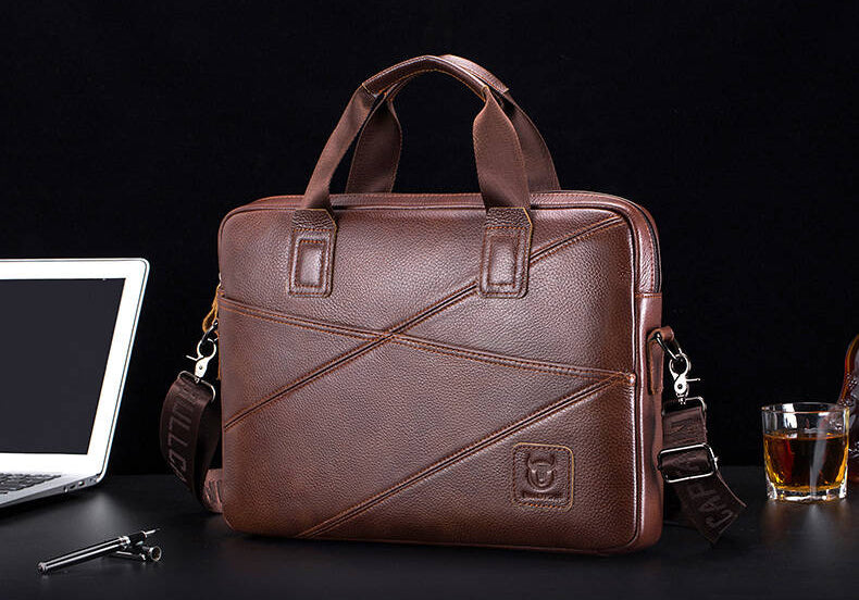 Mens Briefcase Bag Genuine Leather 14 inch Shoulder Laptop Crossbody Bag Brown