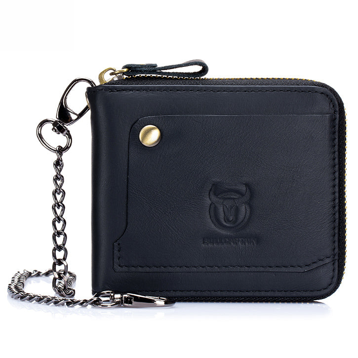 Mens Cowhide Genuine Leather Chain Wallet RFID Blocking Security Purse Black