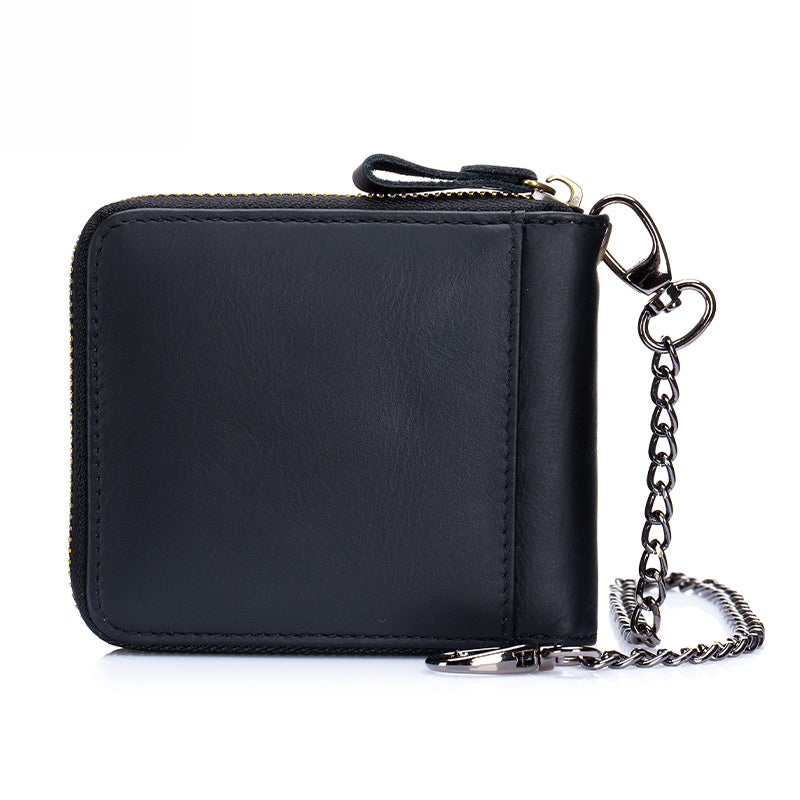 Mens Cowhide Genuine Leather Chain Wallet RFID Blocking Security Purse Black