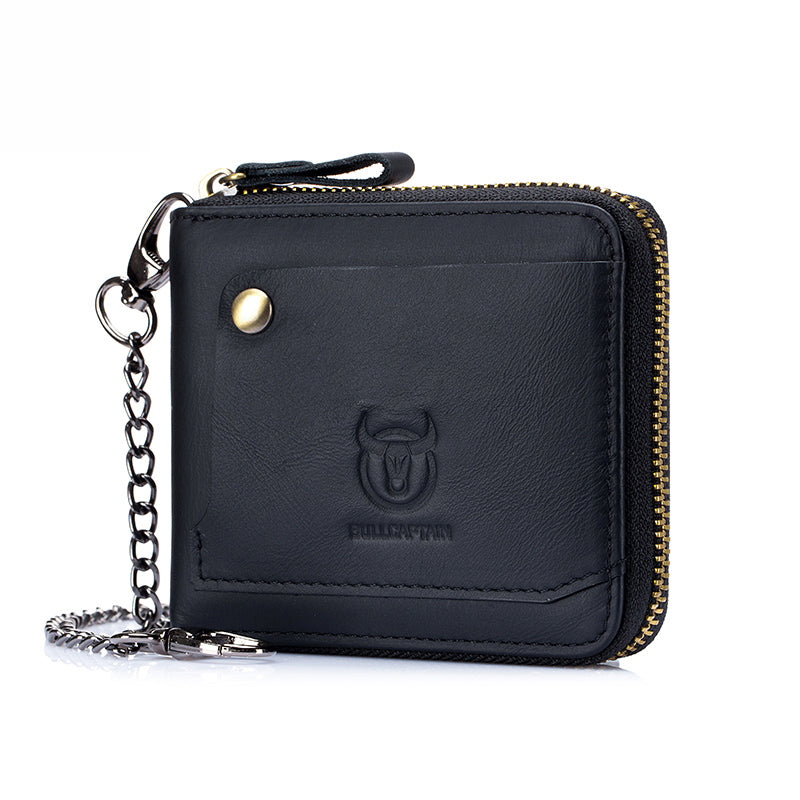 Mens Cowhide Genuine Leather Chain Wallet RFID Blocking Security Purse Black
