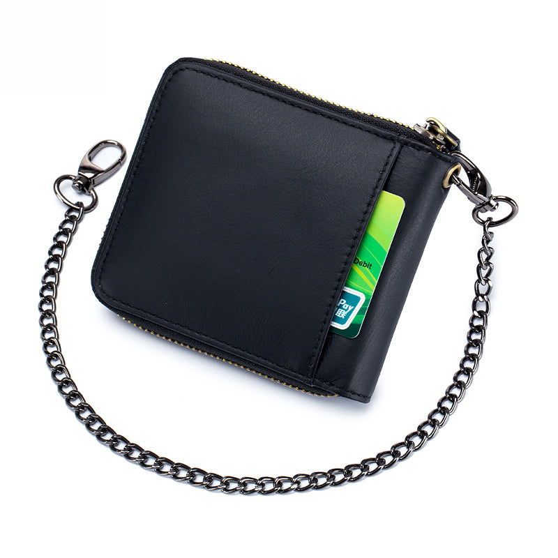 Mens Cowhide Genuine Leather Chain Wallet RFID Blocking Security Purse Black