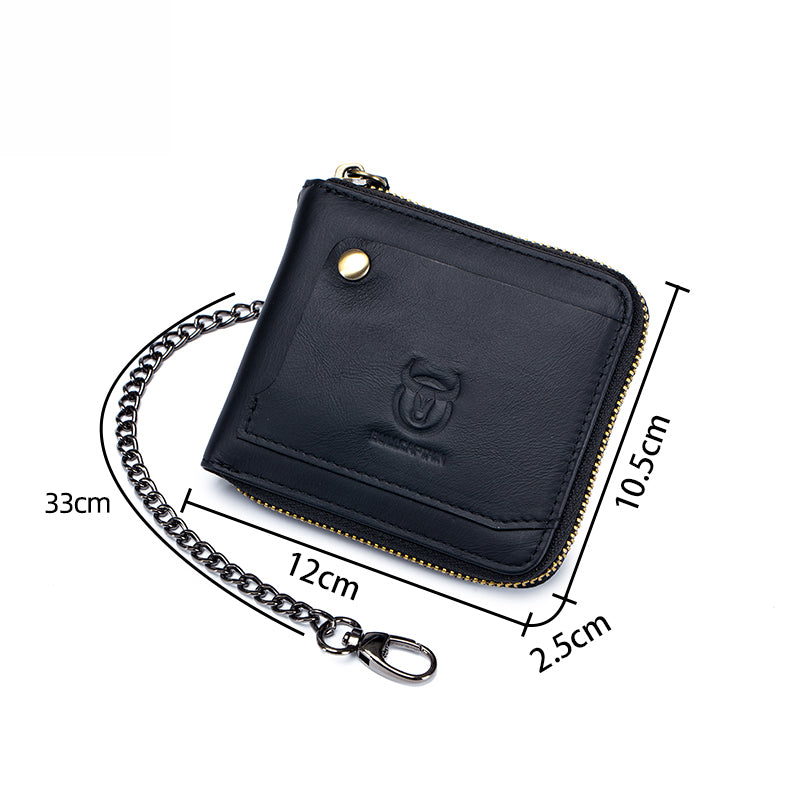 Mens Cowhide Genuine Leather Chain Wallet RFID Blocking Security Purse Black