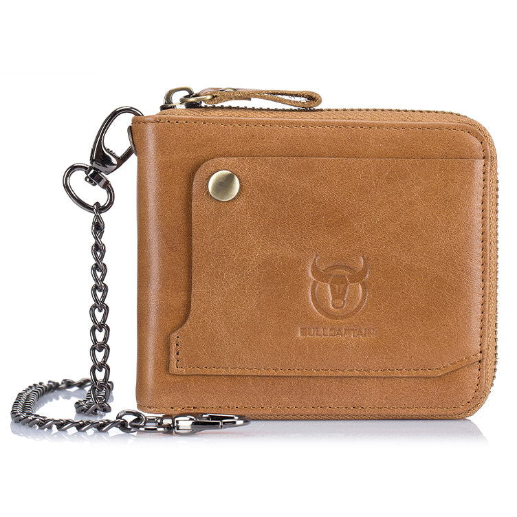 Mens Cowhide Genuine Leather Chain Wallet RFID Blocking Security Purse Brown