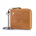 Mens Cowhide Genuine Leather Chain Wallet RFID Blocking Security Purse Brown