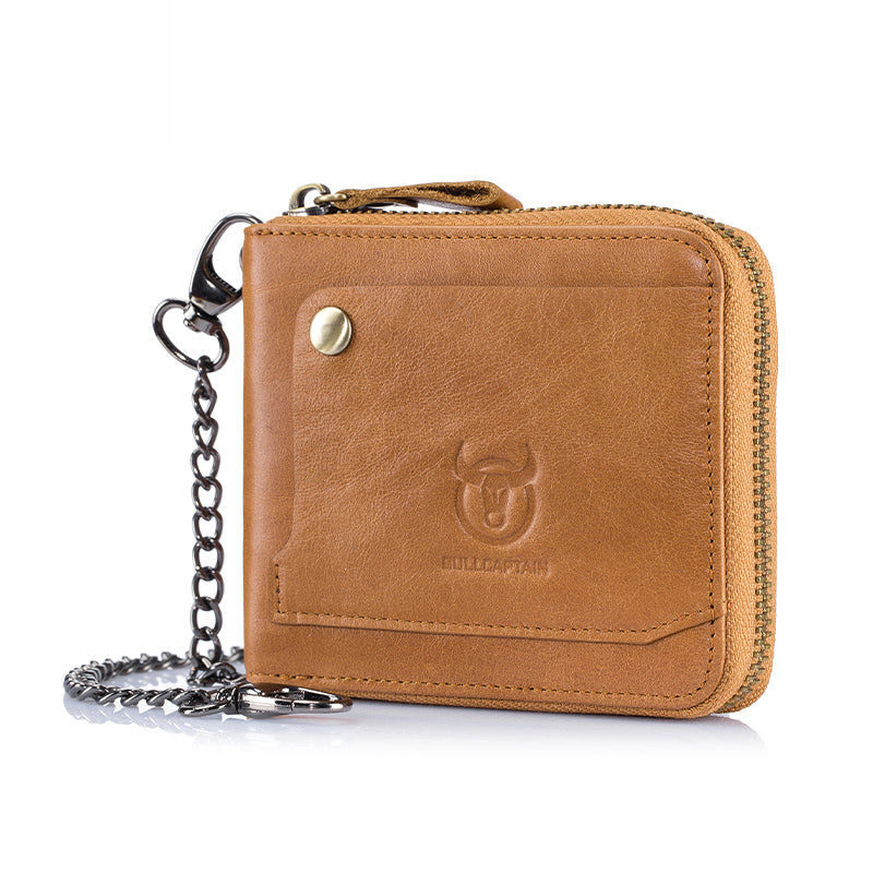 Mens Cowhide Genuine Leather Chain Wallet RFID Blocking Security Purse Brown