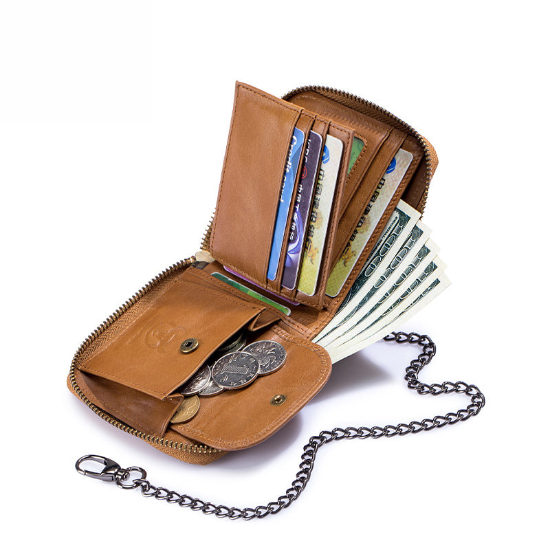 Mens Cowhide Genuine Leather Chain Wallet RFID Blocking Security Purse Brown