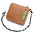 Mens Cowhide Genuine Leather Chain Wallet RFID Blocking Security Purse Brown