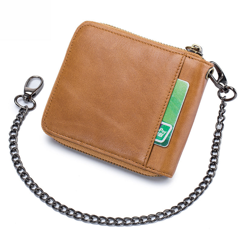 Mens Cowhide Genuine Leather Chain Wallet RFID Blocking Security Purse Brown