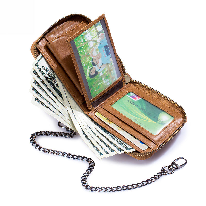 Mens Cowhide Genuine Leather Chain Wallet RFID Blocking Security Purse Brown