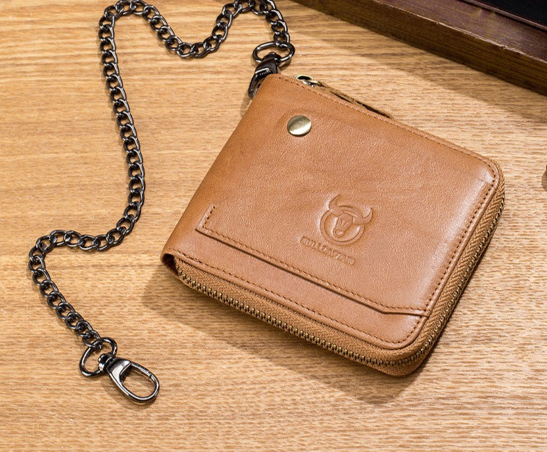 Mens Cowhide Genuine Leather Chain Wallet RFID Blocking Security Purse Brown