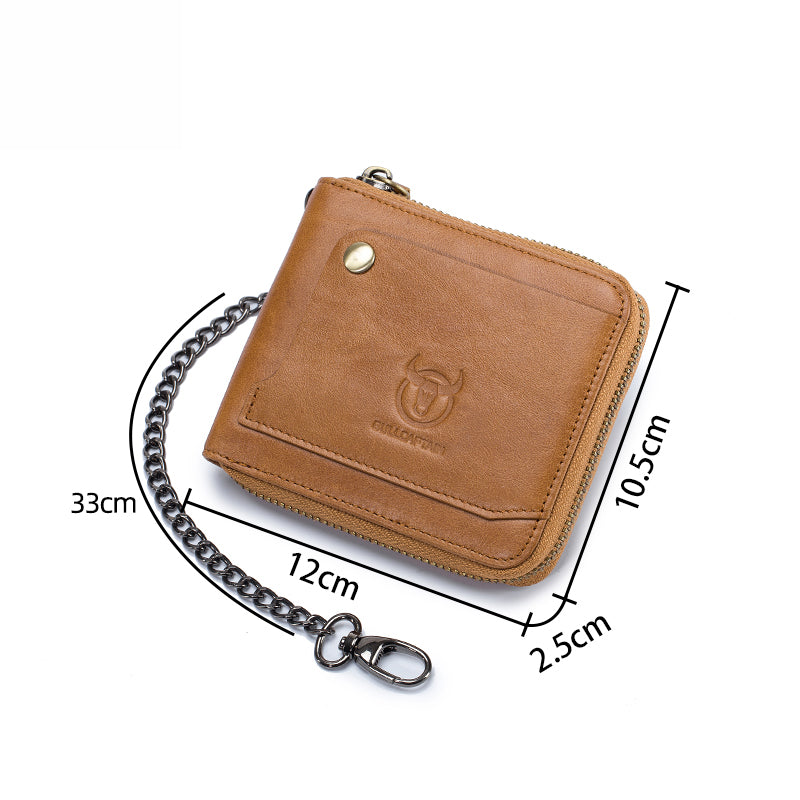 Mens Cowhide Genuine Leather Chain Wallet RFID Blocking Security Purse Brown