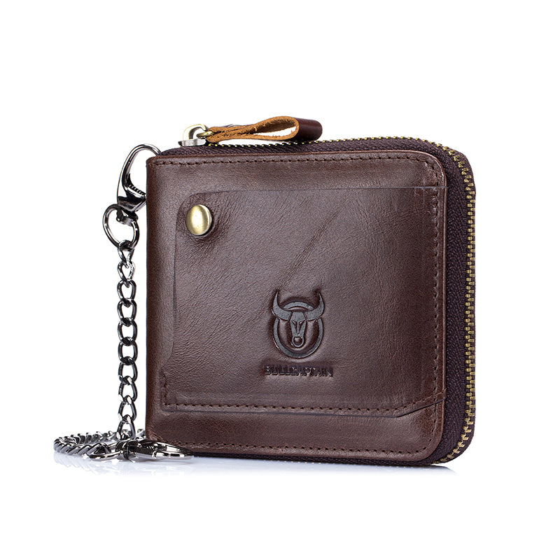 Mens Cowhide Genuine Leather Chain Wallet RFID Blocking Security Purse Coffee