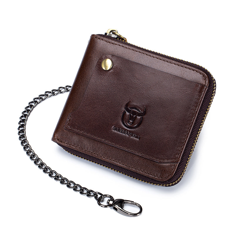 Mens Cowhide Genuine Leather Chain Wallet RFID Blocking Security Purse Coffee