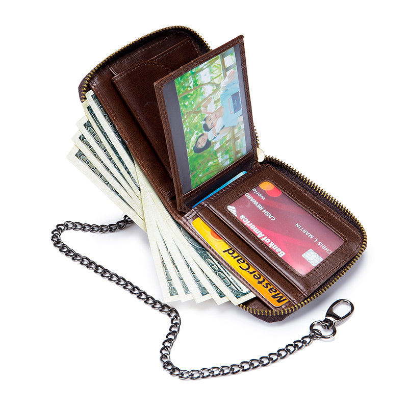 Mens Cowhide Genuine Leather Chain Wallet RFID Blocking Security Purse Coffee
