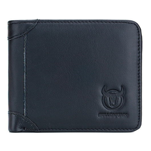 Mens Cowhide Leather Trifold RFID Wallet Slim with 2 ID Windows Black