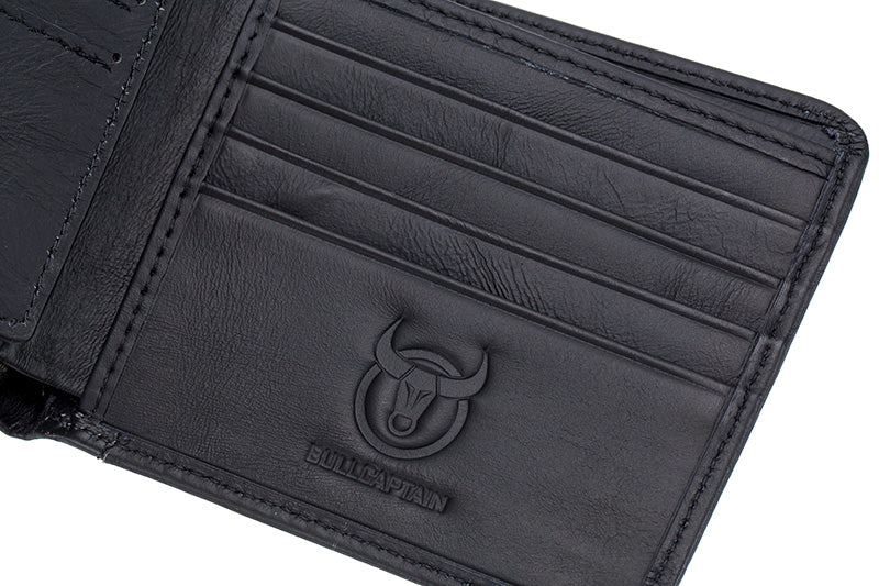 Mens Cowhide Leather Trifold RFID Wallet Slim with 2 ID Windows Black