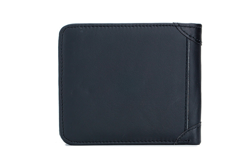 Mens Cowhide Leather Trifold RFID Wallet Slim with 2 ID Windows Black