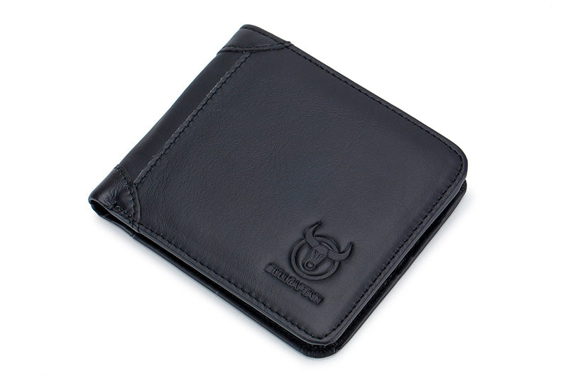Mens Cowhide Leather Trifold RFID Wallet Slim with 2 ID Windows Black