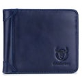 Mens Cowhide Leather Trifold RFID Wallet Slim with 2 ID Windows Blue