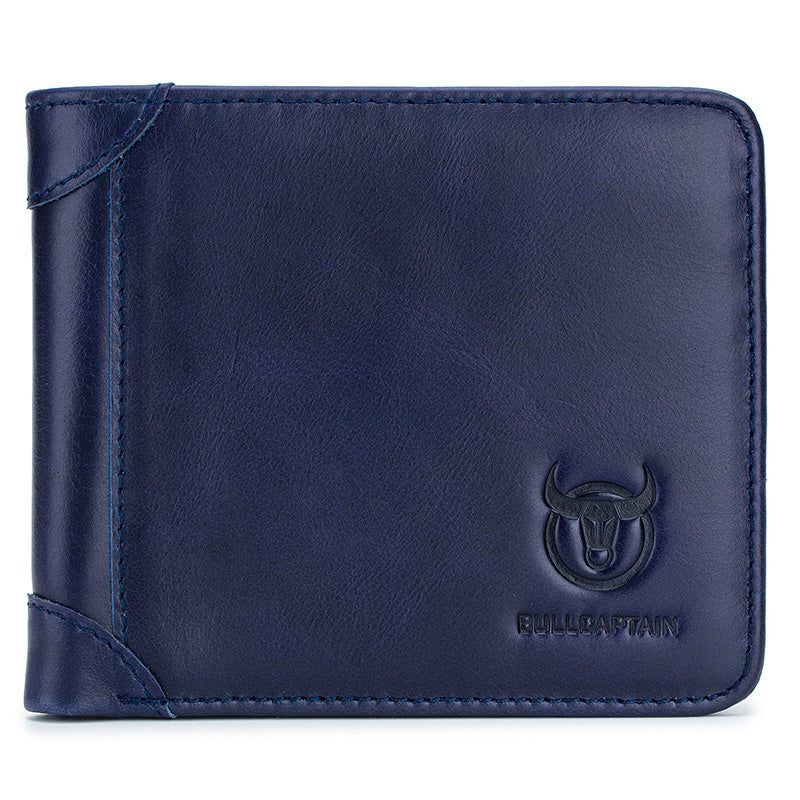 Mens Cowhide Leather Trifold RFID Wallet Slim with 2 ID Windows Blue