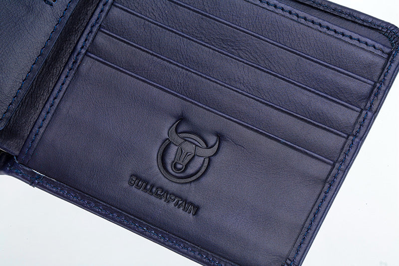 Mens Cowhide Leather Trifold RFID Wallet Slim with 2 ID Windows Blue