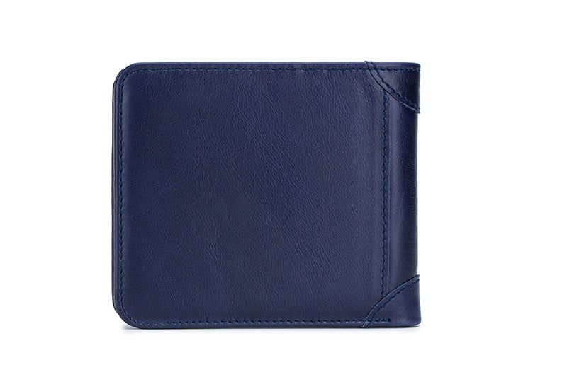 Mens Cowhide Leather Trifold RFID Wallet Slim with 2 ID Windows Blue