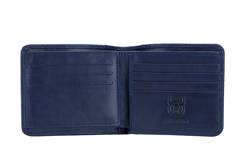 Mens Cowhide Leather Trifold RFID Wallet Slim with 2 ID Windows Blue