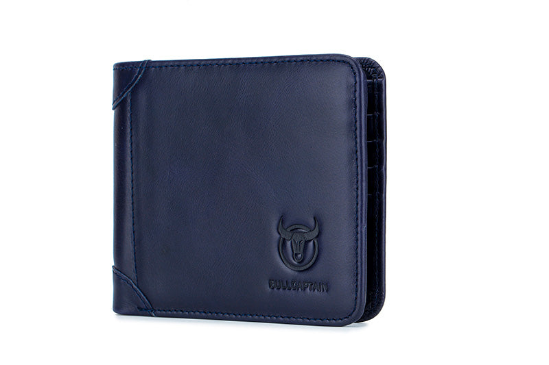 Mens Cowhide Leather Trifold RFID Wallet Slim with 2 ID Windows Blue