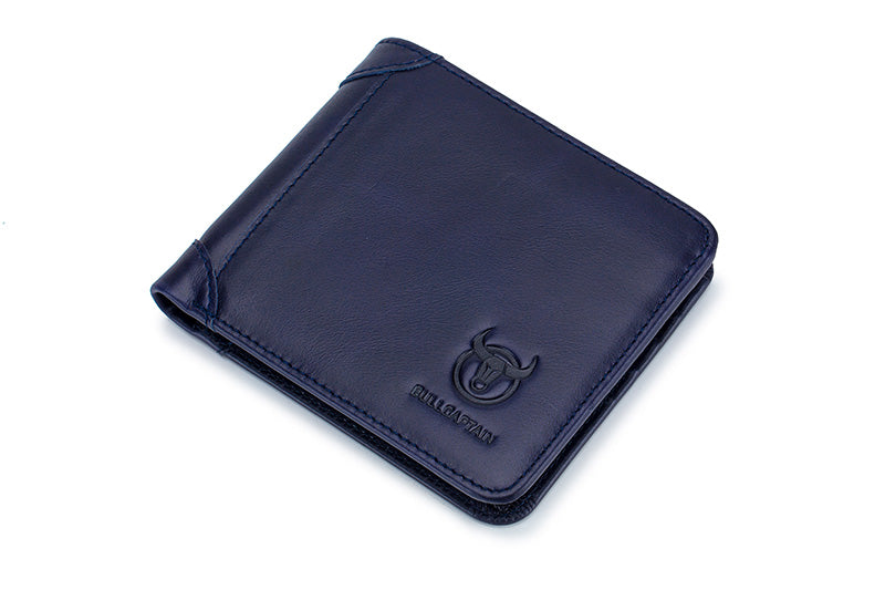 Mens Cowhide Leather Trifold RFID Wallet Slim with 2 ID Windows Blue