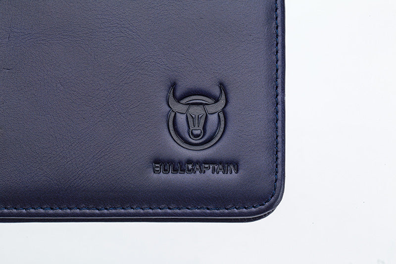 Mens Cowhide Leather Trifold RFID Wallet Slim with 2 ID Windows Blue