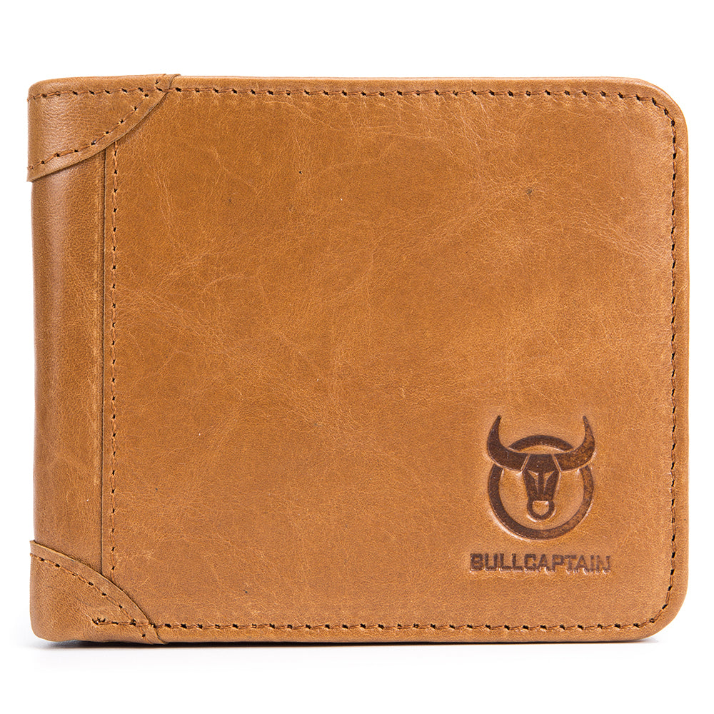 Mens Cowhide Leather Trifold RFID Wallet Slim with 2 ID Windows Brown