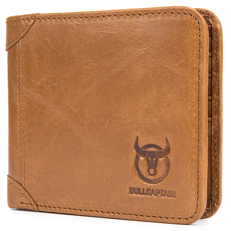 Mens Cowhide Leather Trifold RFID Wallet Slim with 2 ID Windows Brown