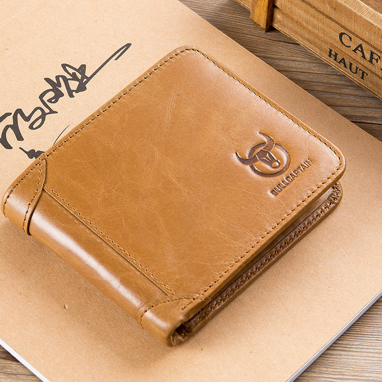 Mens Cowhide Leather Trifold RFID Wallet Slim with 2 ID Windows Brown