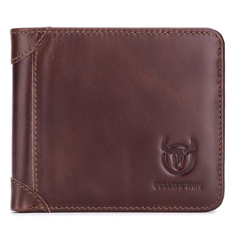 Mens Cowhide Leather Trifold RFID Wallet Slim with 2 ID Windows Coffee