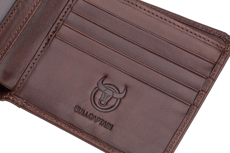 Mens Cowhide Leather Trifold RFID Wallet Slim with 2 ID Windows Coffee