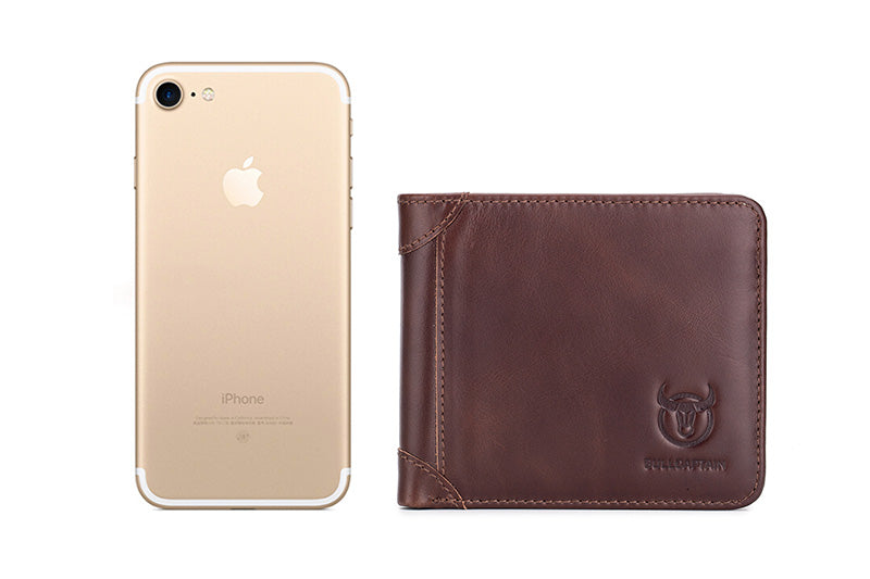 Mens Cowhide Leather Trifold RFID Wallet Slim with 2 ID Windows Coffee
