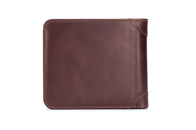 Mens Cowhide Leather Trifold RFID Wallet Slim with 2 ID Windows Coffee